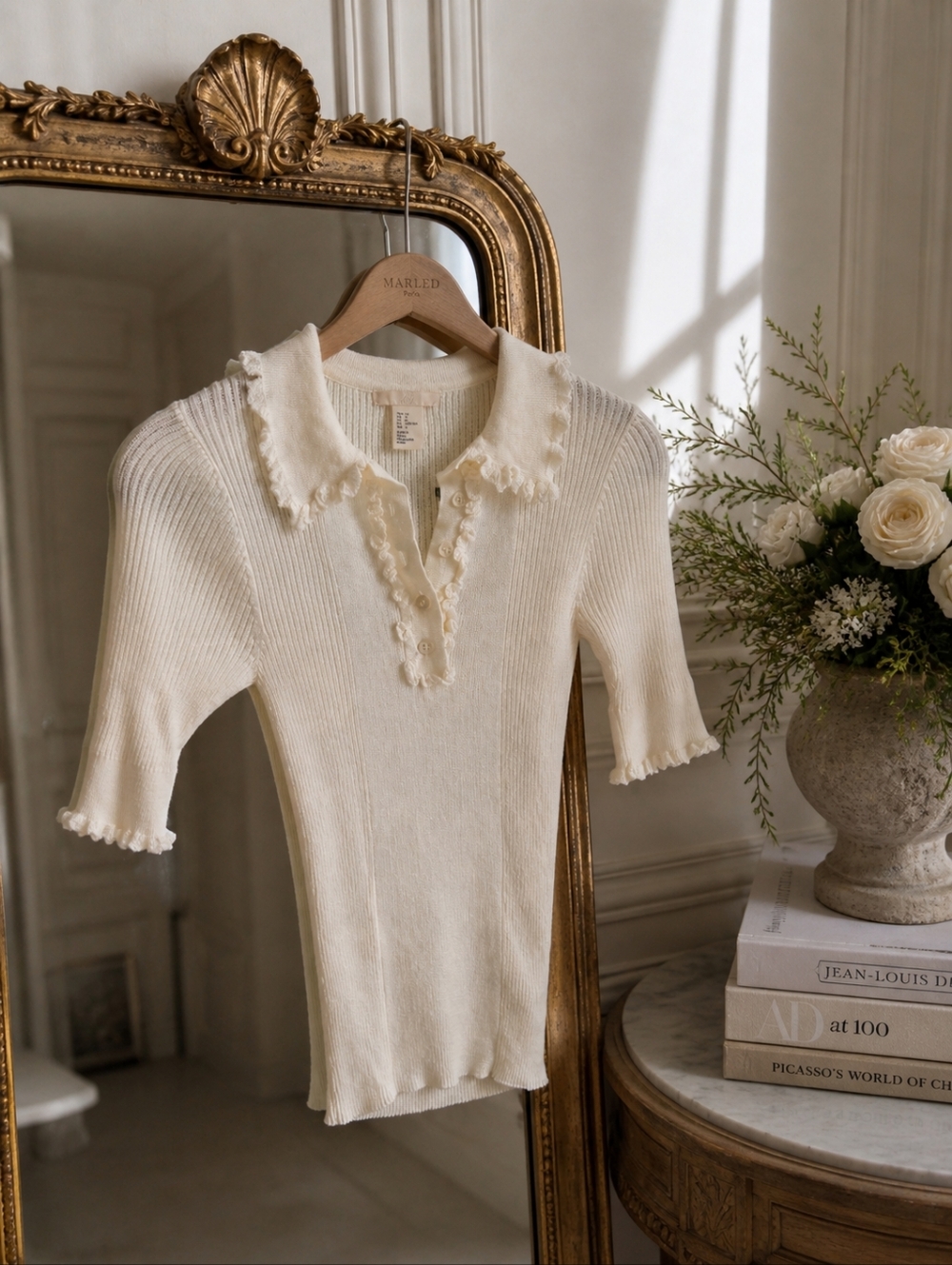 H&M White Ruffle-Trim Ribbed Knit Top - Picture 1 of 3